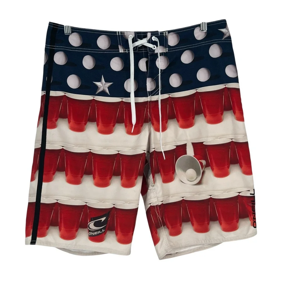 ONeill Beer Pong Red Solo Cup Board Shorts Mens 34 American Flag Swim Trunks
